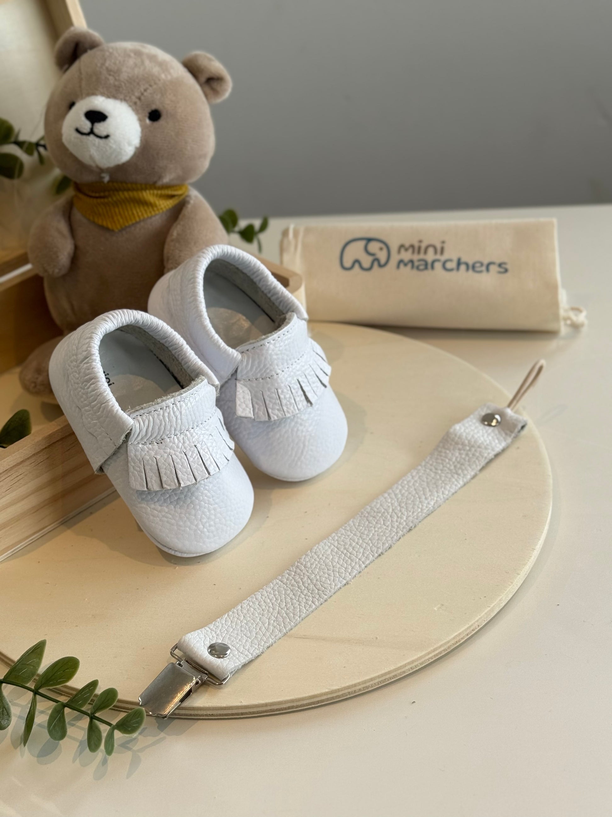 White Fringe Moccasins & Pacifier Clip Gift Set