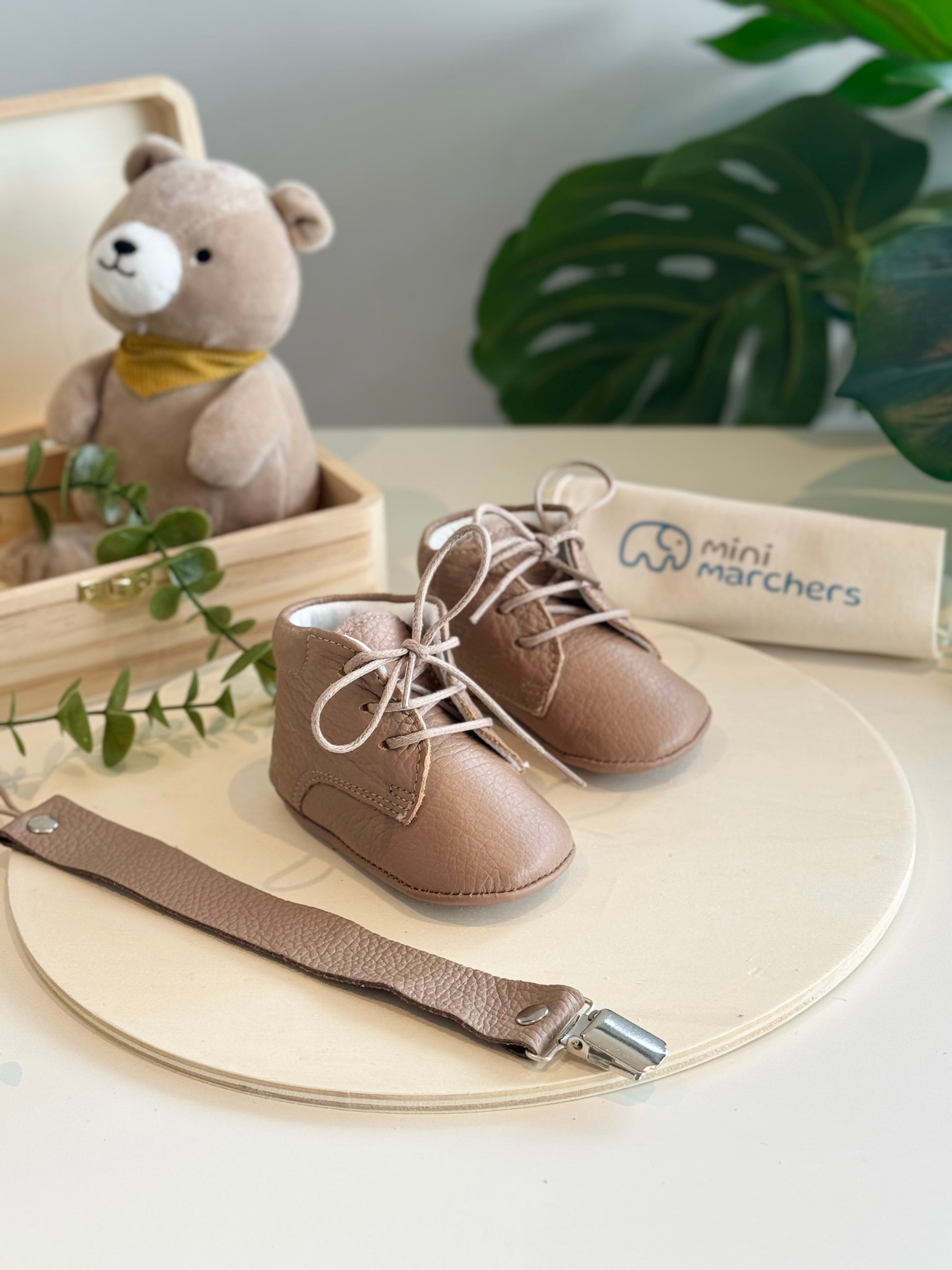Brown Softstep Baby Boot & Pacifier Clip Gift Set