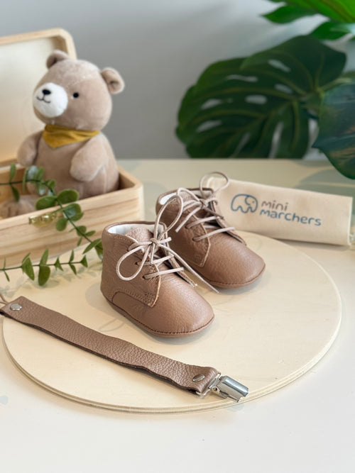 Brown Softstep Baby Boot & Pacifier Clip Gift Set