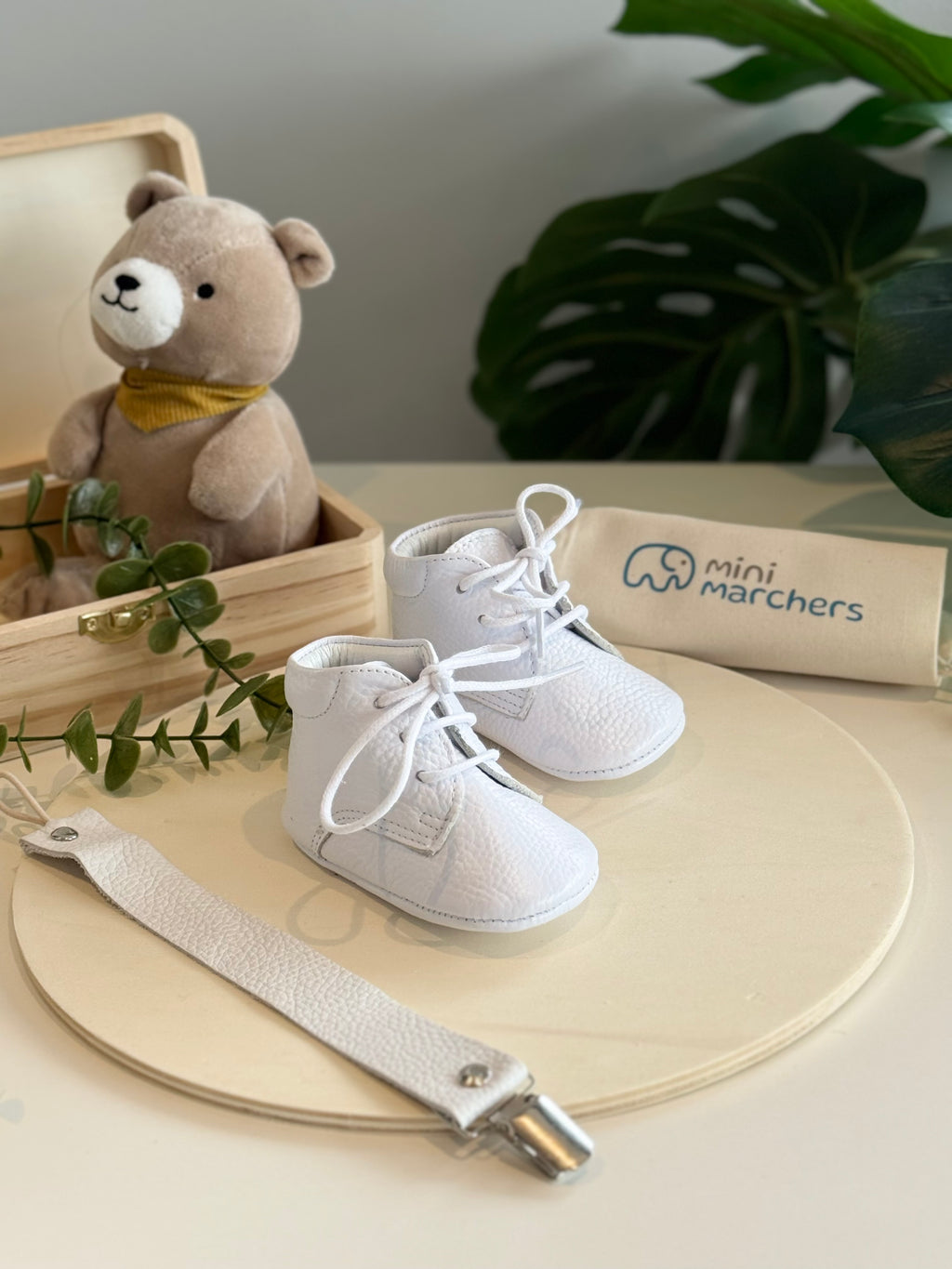 White Softstep Baby Boot & Pacifier Clip Gift Set