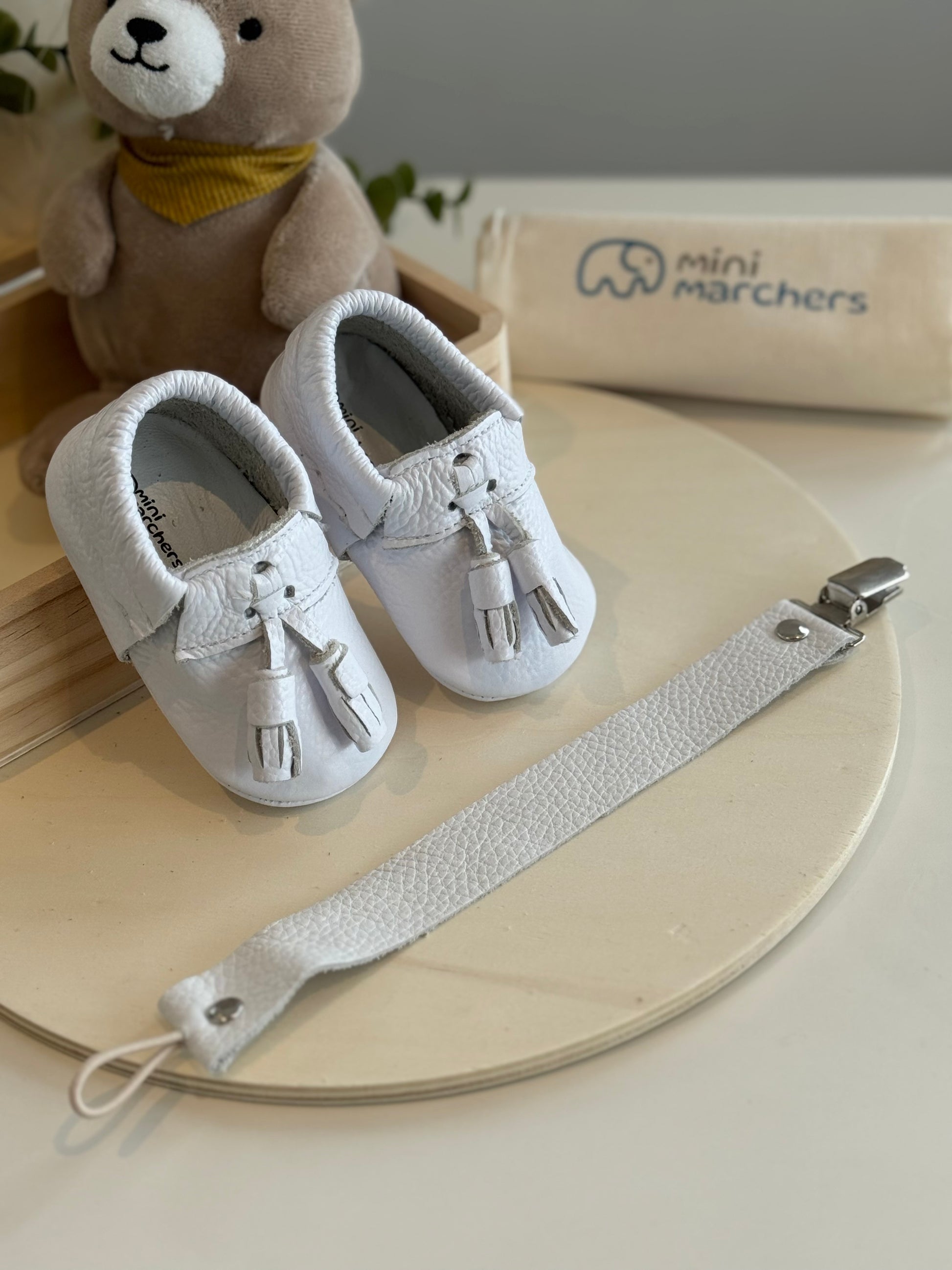 White Tassel Moccasins & Pacifier Clip Gift Set