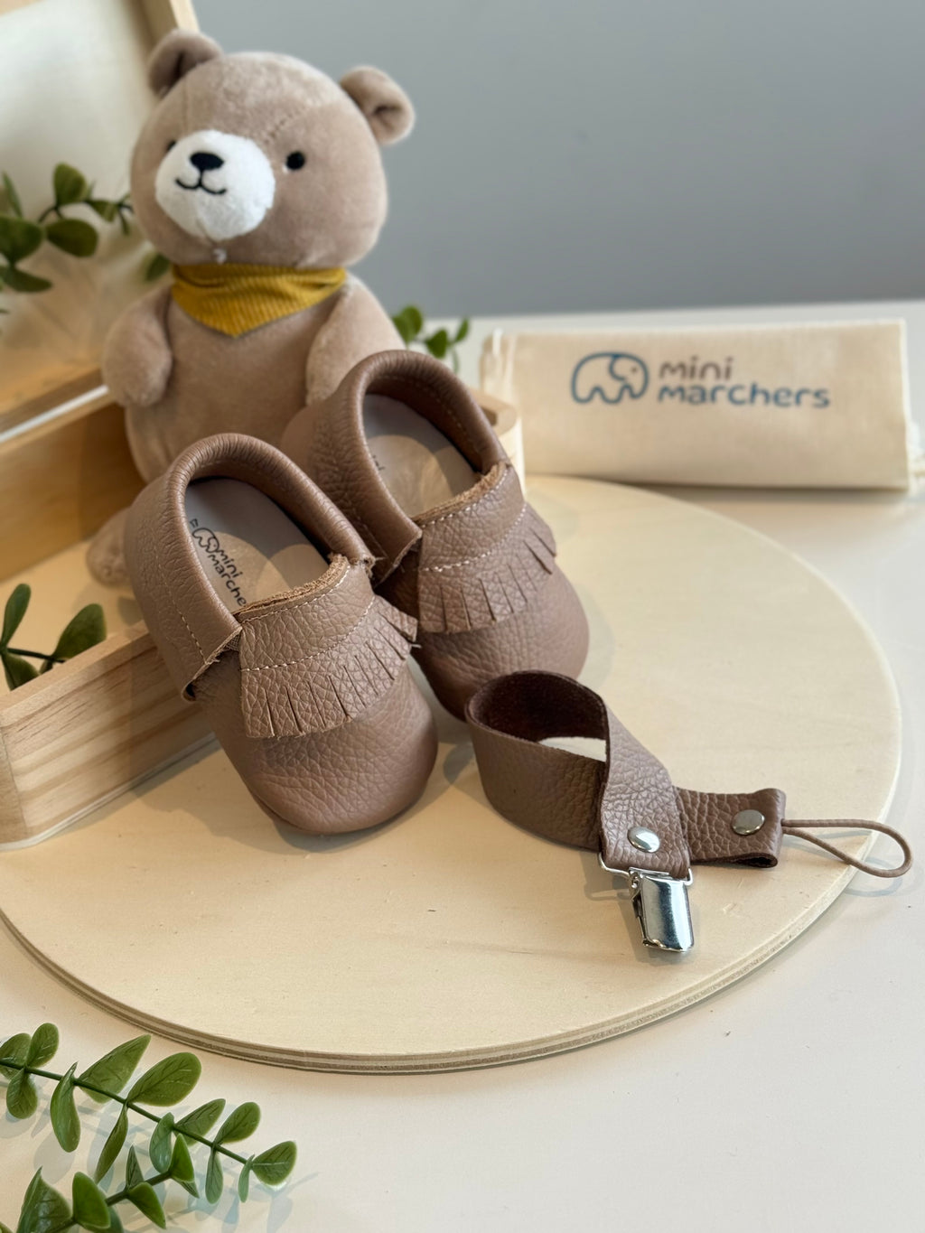 Brown Fringe Moccasins & Pacifier Clip Gift Set