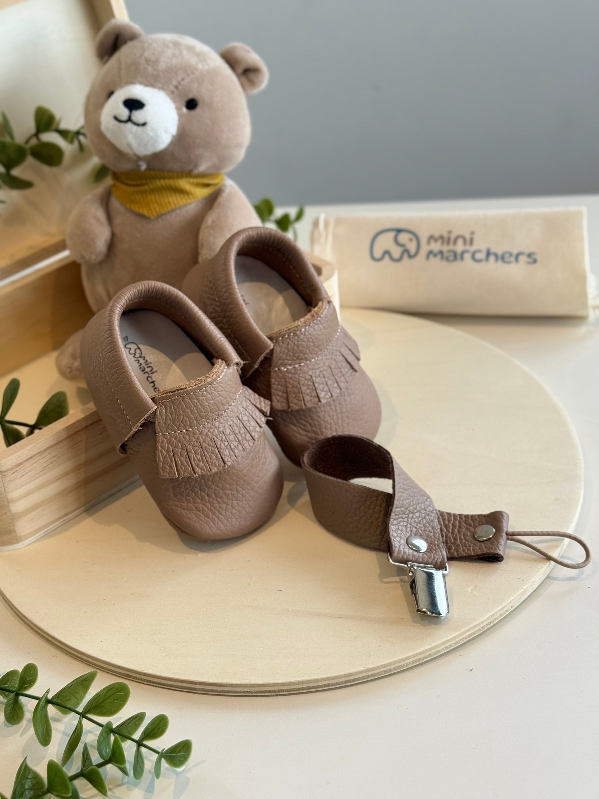 Brown Fringe Moccasins & Pacifier Clip Gift Set
