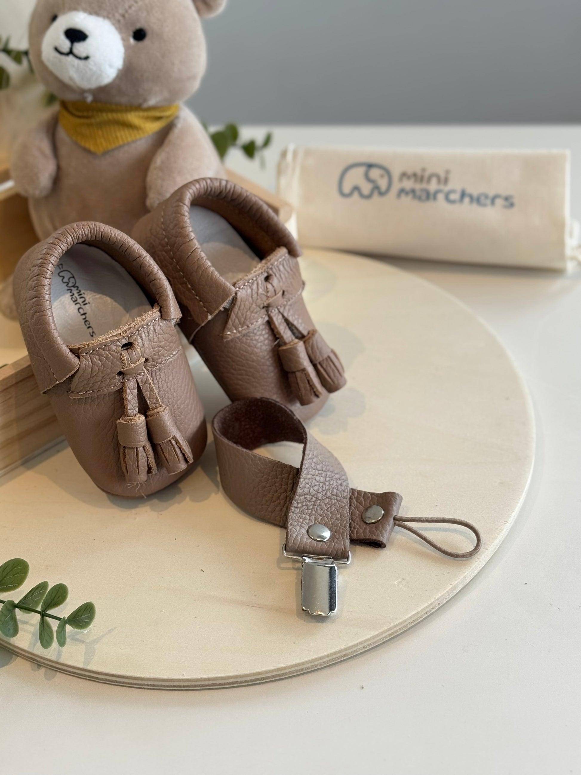 Brown Tassel Moccasins & Pacifier Clip Gift Set