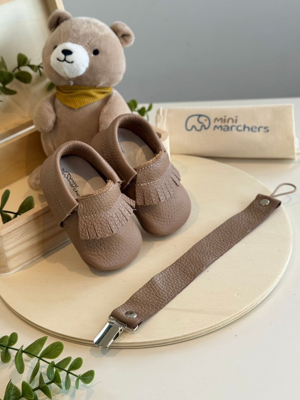 Brown Fringe Moccasins & Pacifier Clip Gift Set