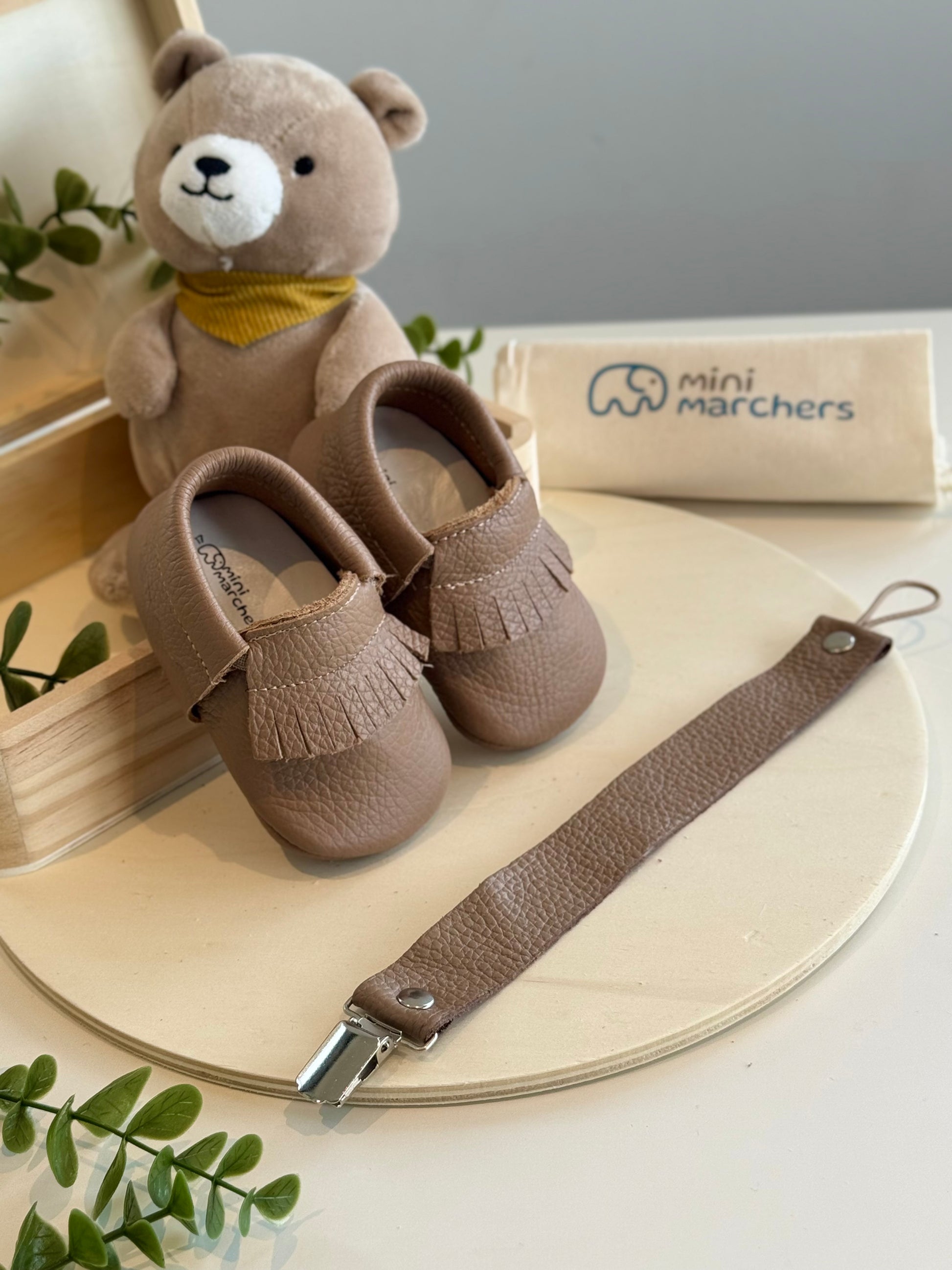 Brown Fringe Moccasins & Pacifier Clip Gift Set