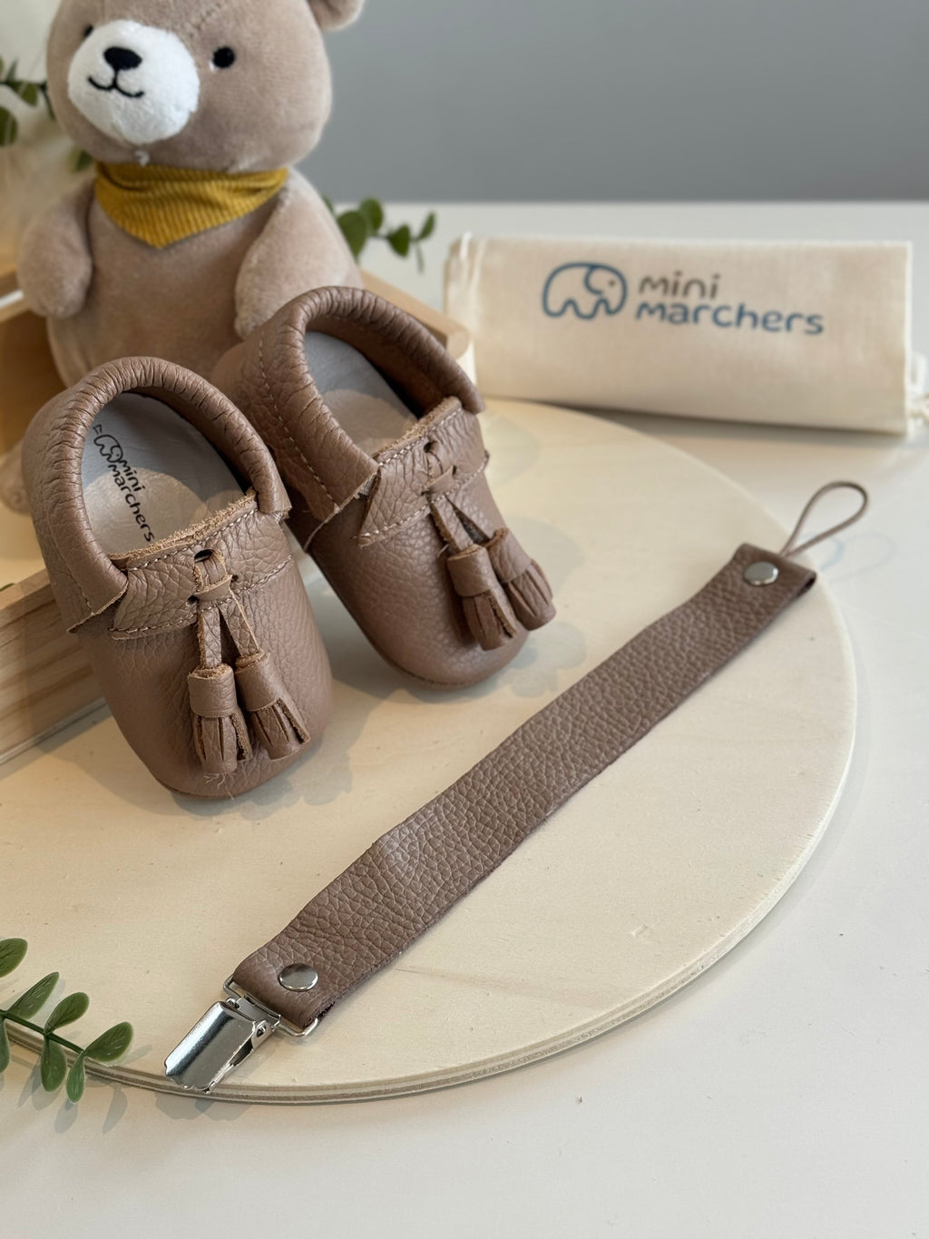 Brown Tassel Moccasins & Pacifier Clip Gift Set