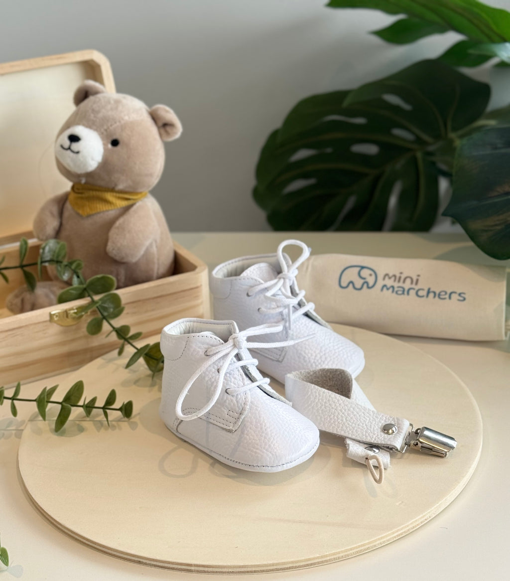 White Softstep Baby Boot & Pacifier Clip Gift Set