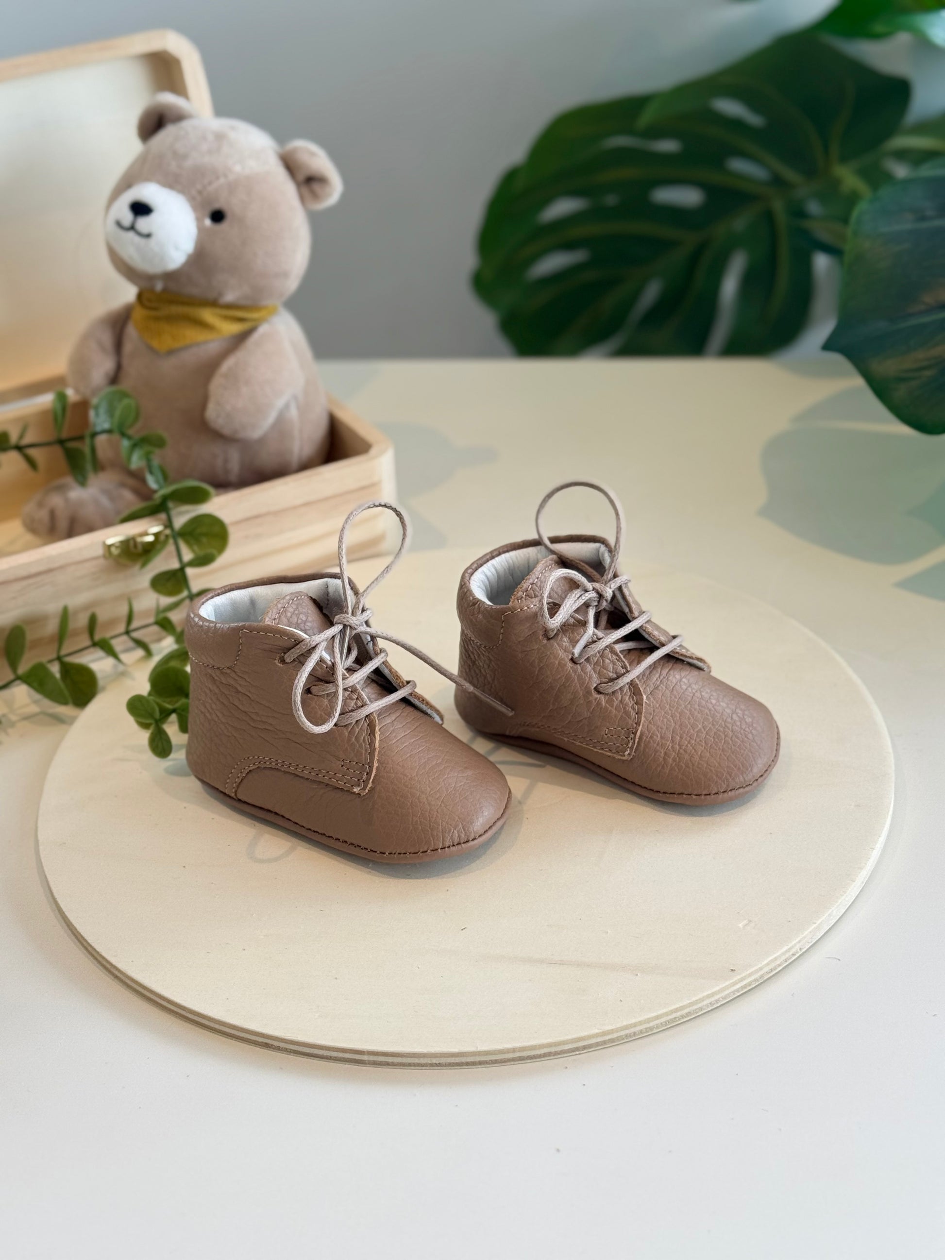 Brown Softstep Baby Boot & Pacifier Clip Gift Set