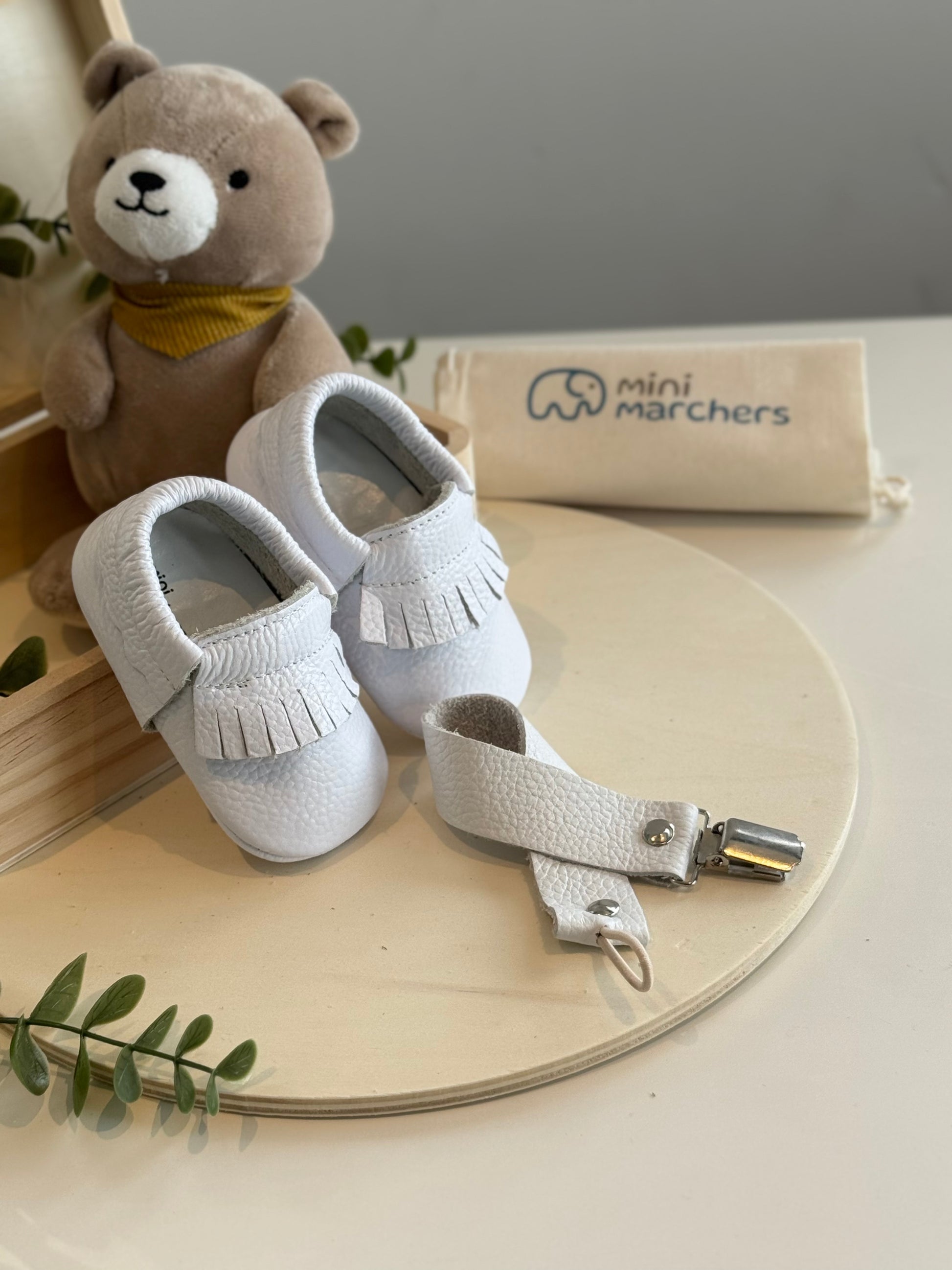 White Fringe Moccasins & Pacifier Clip Gift Set